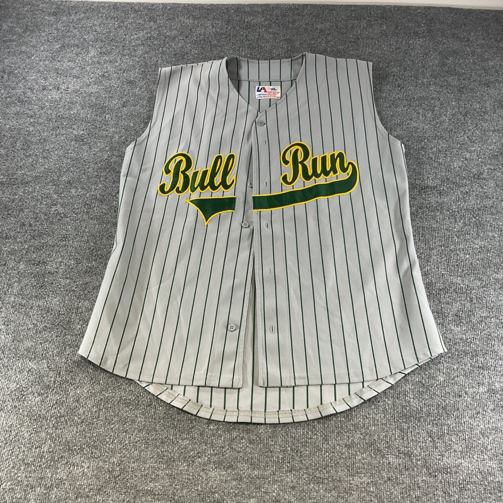 Vintage Universal Athletics Bull Run Baseball Jersey XL Grey Green Pinstripe 21